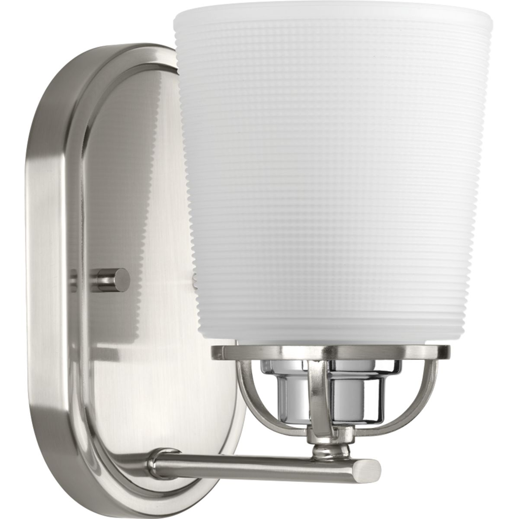 Progress P300004-009 West Village Collection One-Light Brushed Nickel Etched Double Prismatic Glass Farmhouse Bath Vanity Light Product image for Progress P300004-009 West Village Collection One-Light Brushed Nickel Etched Double Prismatic Glass Farmhouse Bath Vanity Light