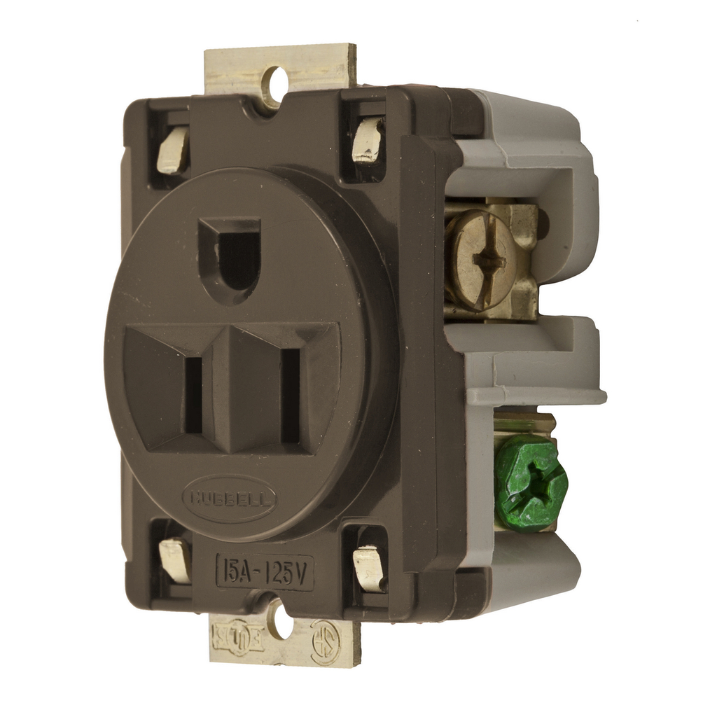 Product image for Hubbell HBL5284 SGL PANEL MT Receptacle, 15A 125V, 5-15R, BR