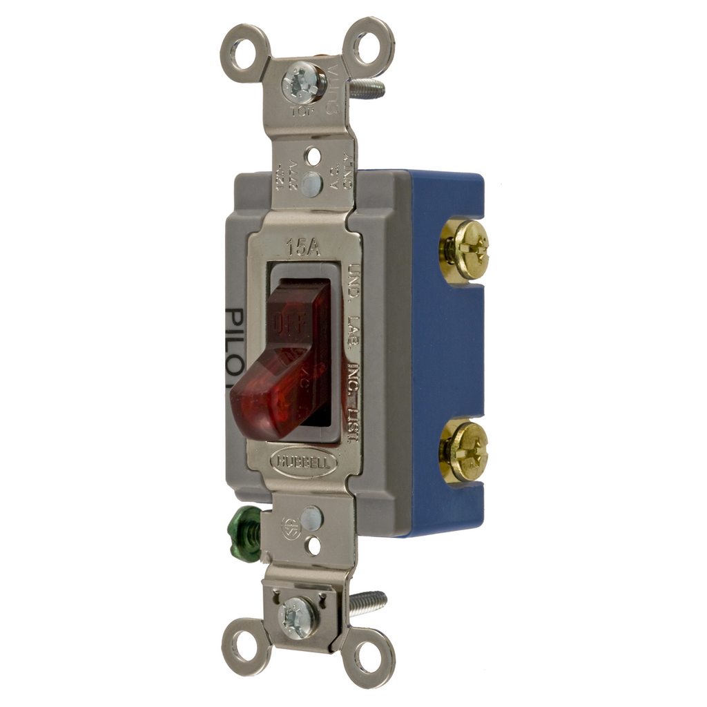 Mayer-DDS-Switches and Lighting Controls, Industrial Grade, Pilot Light Toggle Switches, General Purpose AC, Single Pole, 15A 120/277V AC, Back and Side Wired, Red Toggle-1