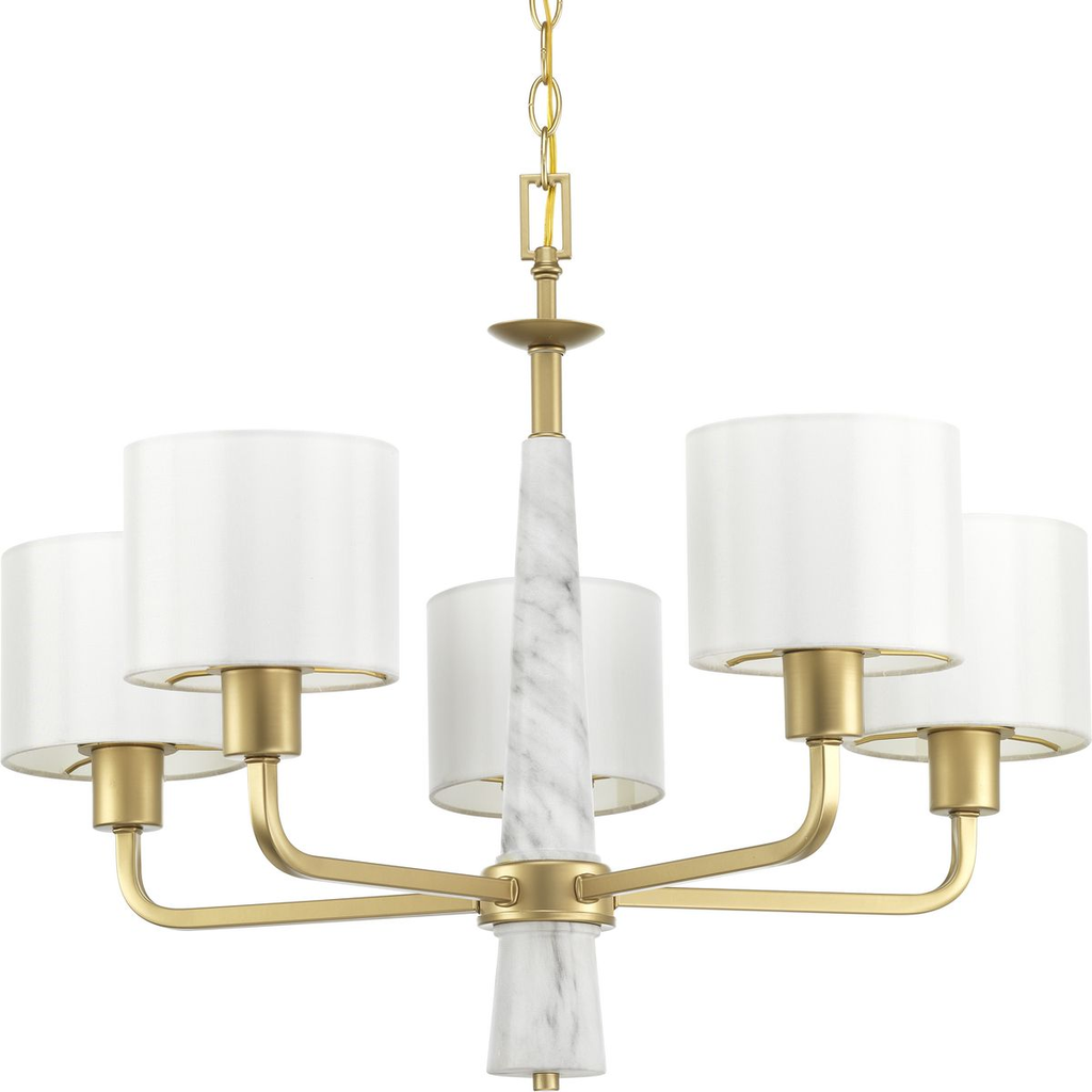 Product image for Progress P400098-078 Palacio Collection Five-Light Vintage Gold White Silk Fabric Shade Luxe Chandelier Light