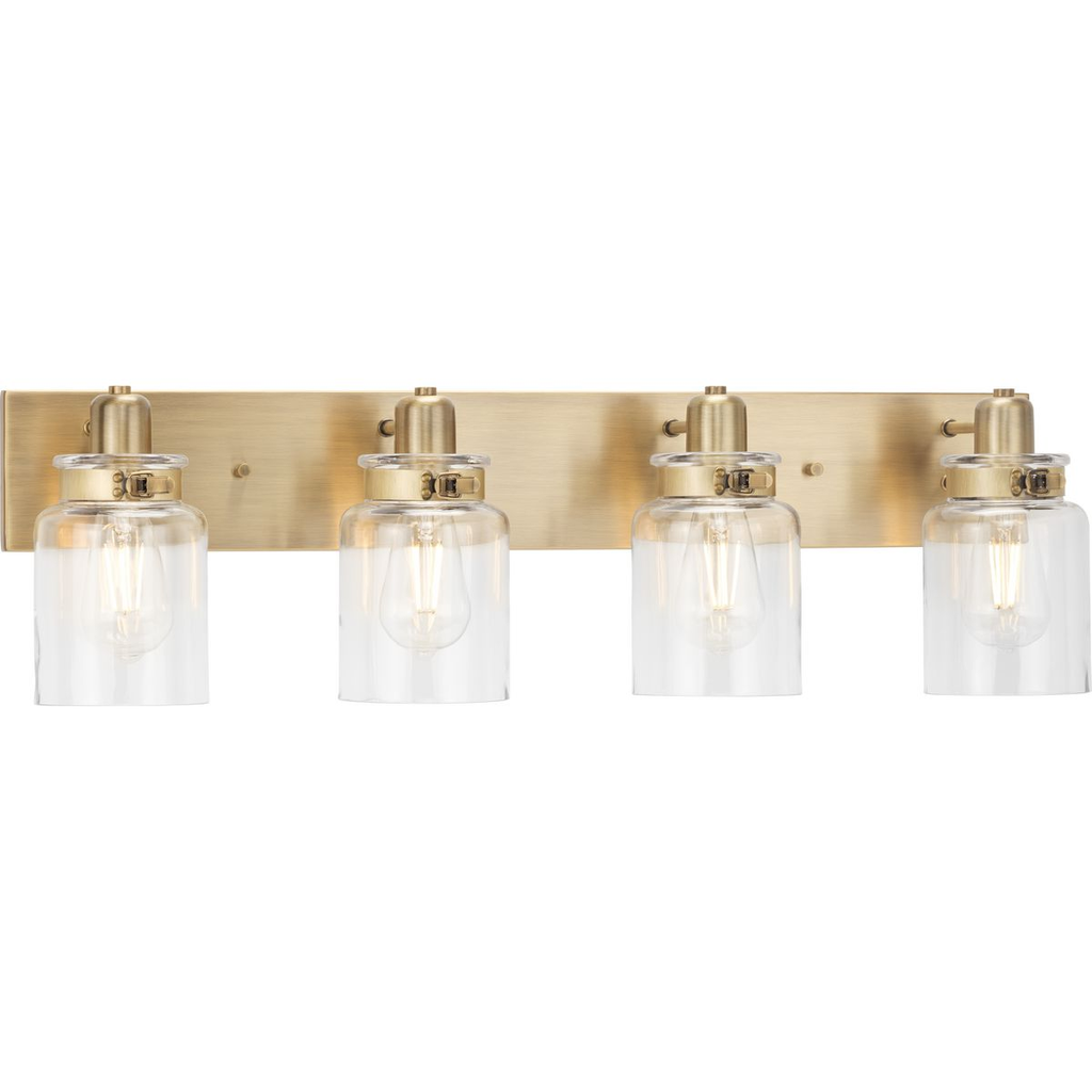 Product image for Progress P300048-163 Calhoun Collection Four-Light Vintage Brass Clear Glass Farmhouse Bath Vanity Light