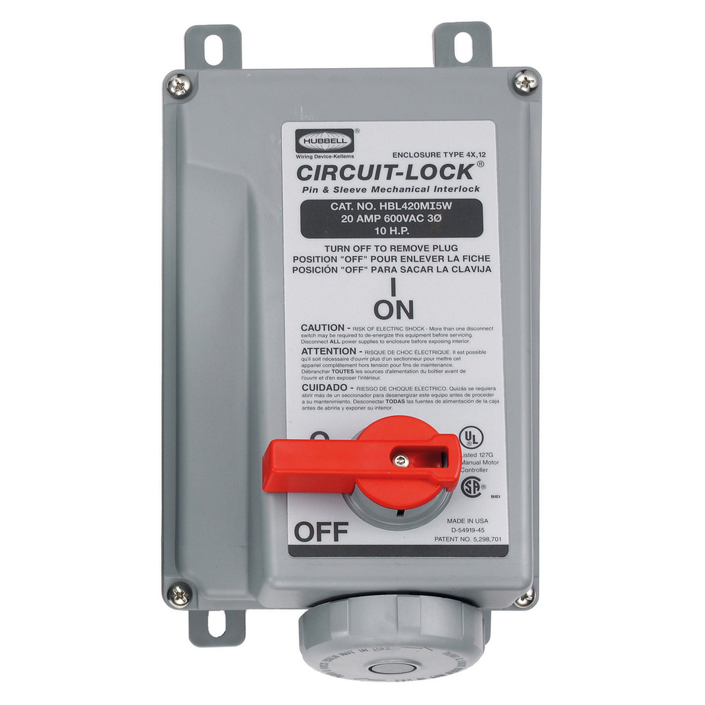 Product image for Hubbell HBL420MI5W Pin & Sleeve IEC Unfused Circuit-Lock® Mechanical Interlock, 20A 3P4W, 3Ø 600V, IP67, NEMA 4X, 12