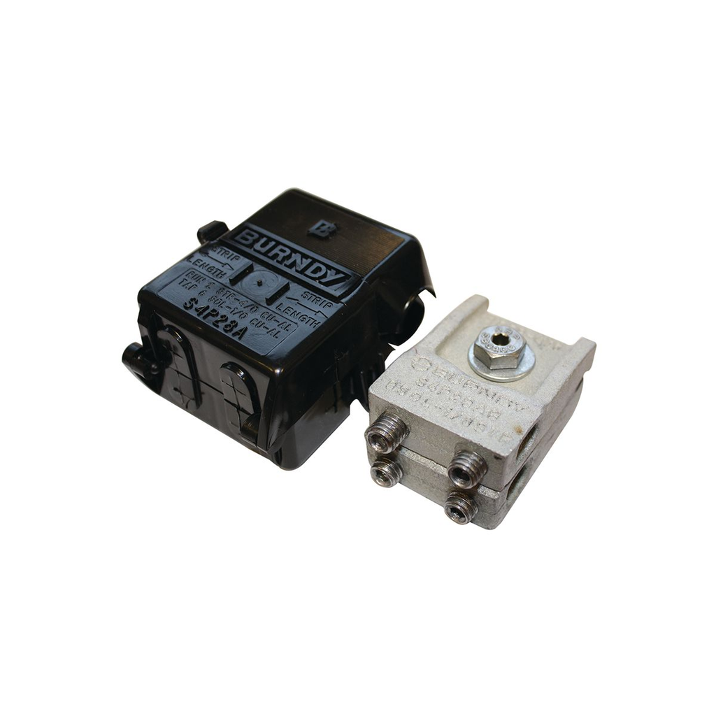 Product image for Burndy S4P28A Cast Al Alloy Span Tap Connector, #2-4/0 Str(Cu,Al)(Run), 6 Sol- 1/0 Str(Cu, Al)(Tap), Case: High Density Weather Resistant Polyethylene
