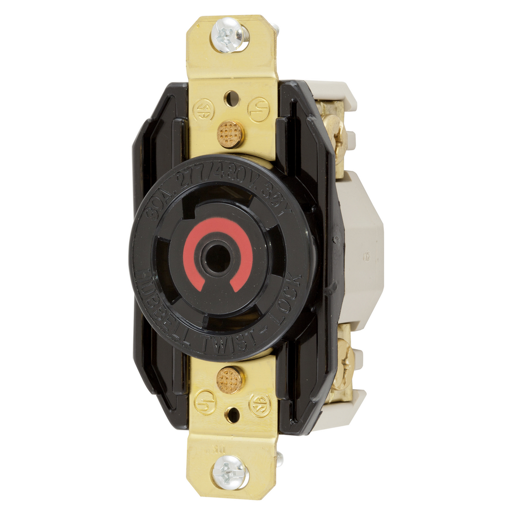 Mayer-DDS-Locking Devices, Twist-Lock®, Industrial, Flush Receptacle, 30A 3-Phase Wye 277/480V AC, 4-Pole 5-Wire Grounding, L22-30R, Screw Terminal, Black-1