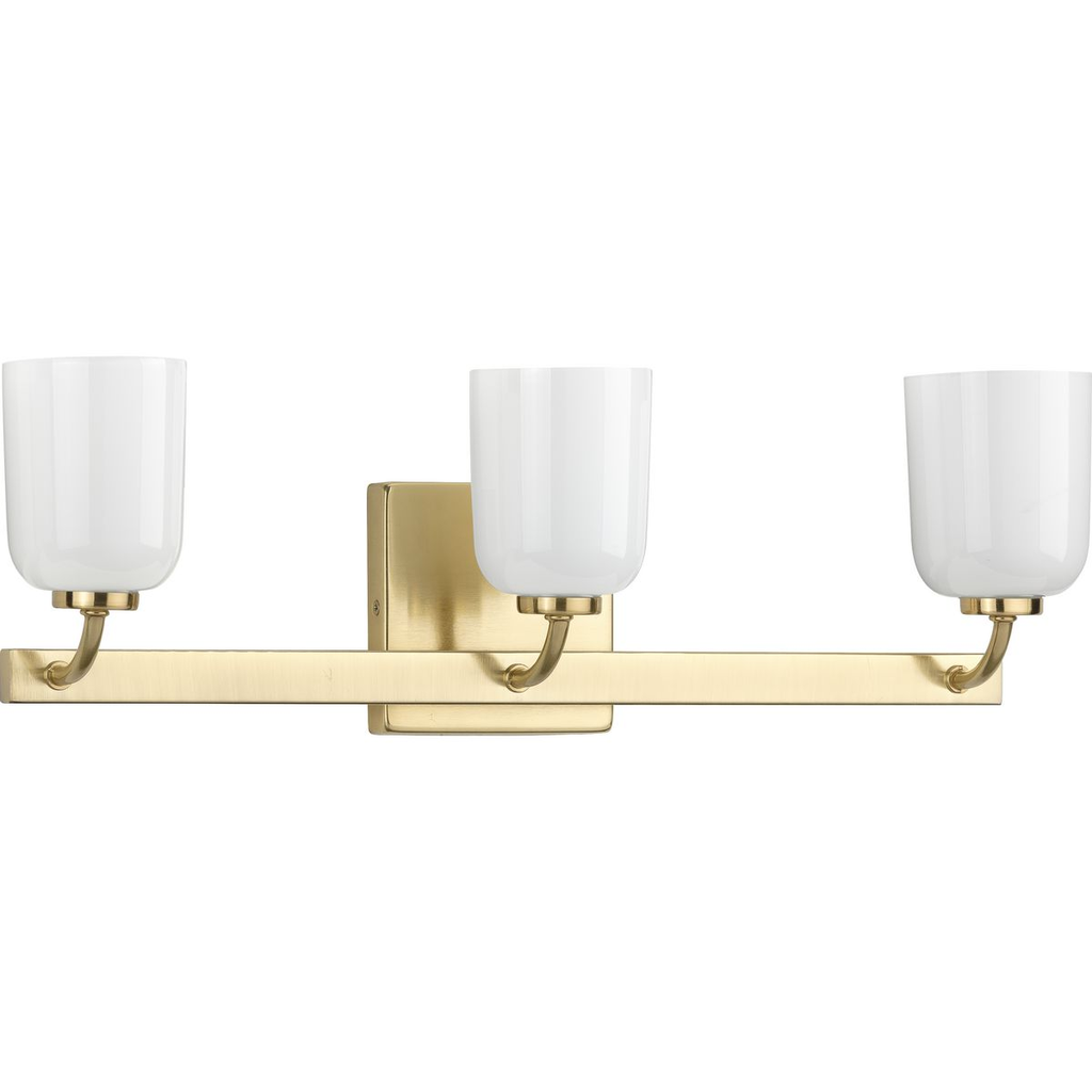 Product image for Progress P300282-012 Moore Collection Three-Light Satin Brass White Opal Glass Luxe Bath Vanity Light