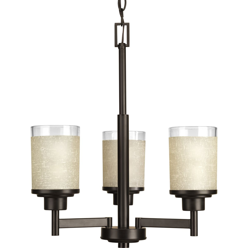 Product image for Progress P4458-20 Alexa Collection Three-Light Antique Bronze Etched Umber Linen With Clear Edge Glass Modern Chandelier Light