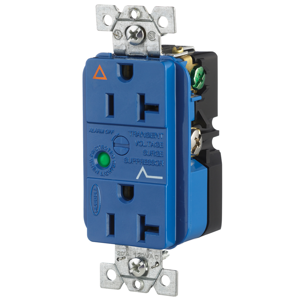 Product image for Hubbell IG5362SA 20 Amp 125 Volt 2-Pole 3-Wire NEMA 5-20R Blue Duplex Surge Suppression Receptacle