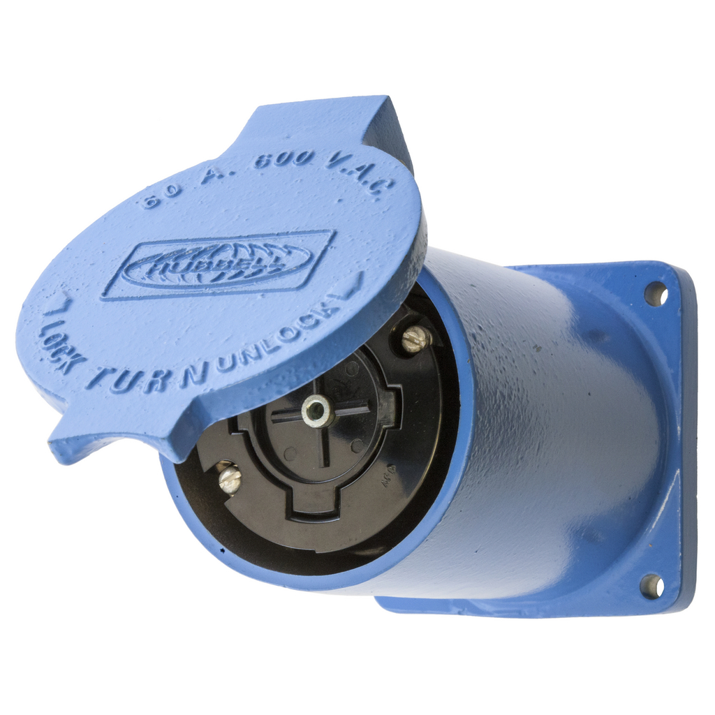 Product image for Hubbell HBL26520 60 Amp 600 Volt 4-Pole 5-Wire Blue Locking Receptacle