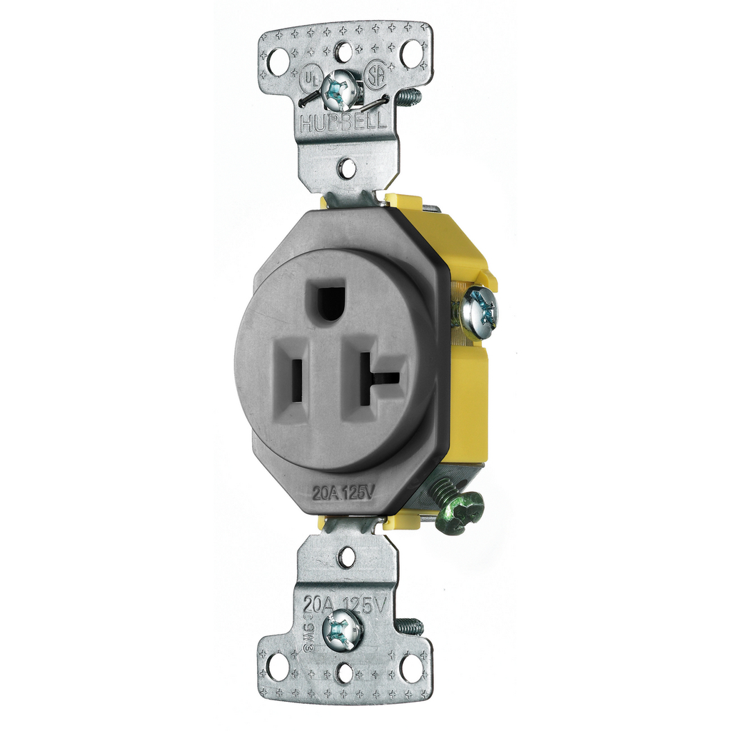 Product image for Hubbell RR201GY RESI SGL Receptacle, 20A 125V, SELF GRND, GY