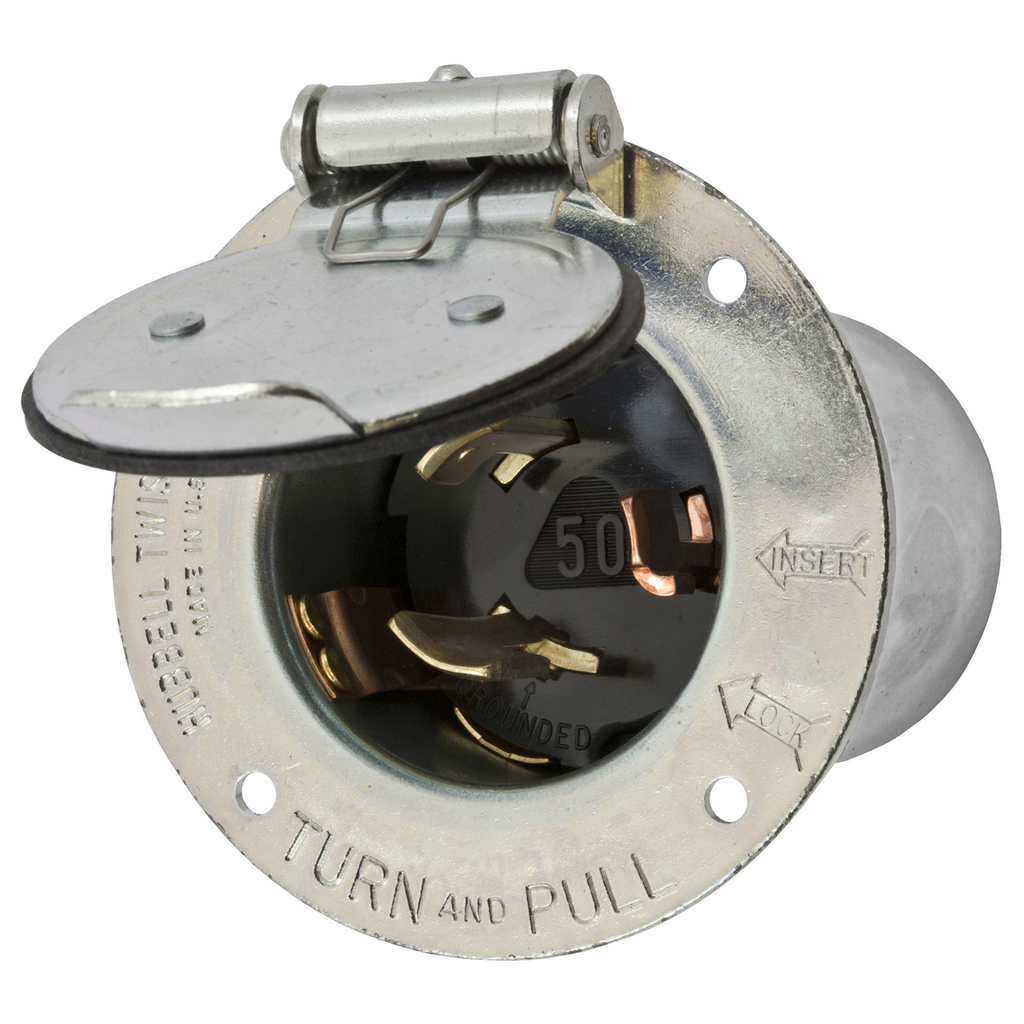 Product image for Hubbell HBL3767 Locking Flanged INLT, 50A 250VDC/600VAC, 2P3W, COV