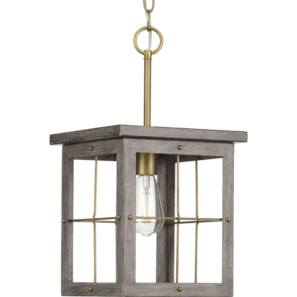 Product image for Progress P500317-175 Hedgerow Collection One-Light Distressed Brass and Aged Oak Farmhouse Style Hanging Mini-Pendant Light
