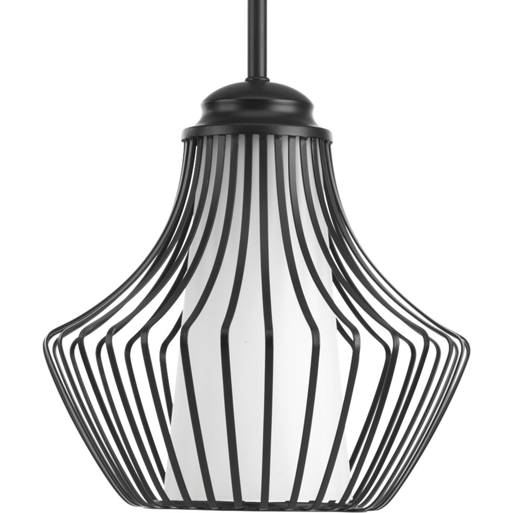 Product image for Progress P5324-31 Finn Collection One-Light Matte Black Etched White Glass Global Pendant Light
