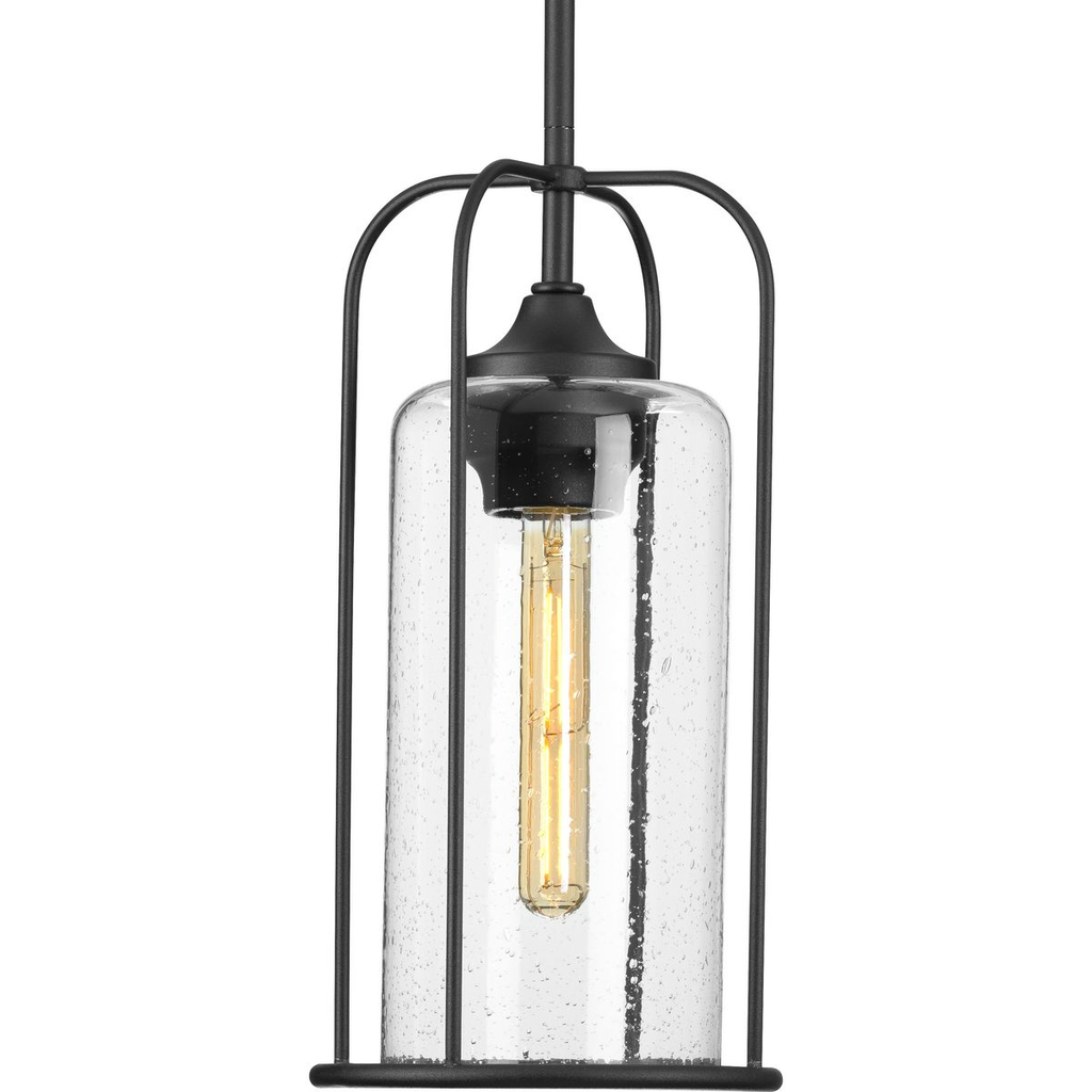 Product image for Progress P550292-031 Watch Hill Collection One-Light Textured Black and Clear Seeded Glass Farmhouse Style Outdoor Hanging Pendant Lantern
