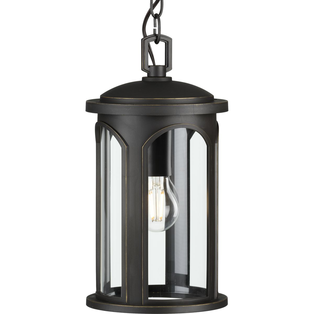Product image for Progress P550050-020 Gables Collection One-Light Antique Bronze and Clear Glass Transitional Style Outdoor Hanging Pendant Lantern with DURASHIELD