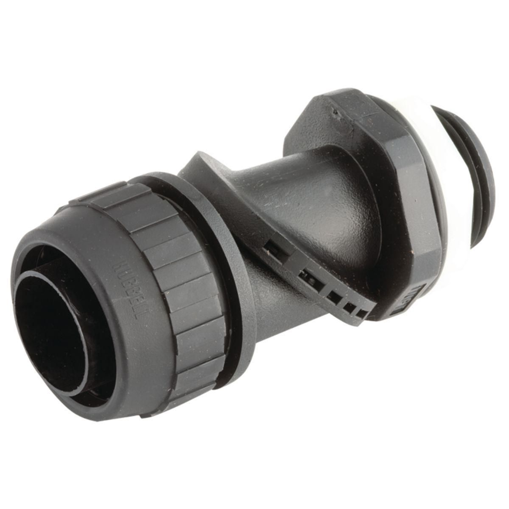 Product image for RACO 4754 1 Inch Black Nylon Insulated Throat Multi-Position 90 Degrees Flexible Liquidtight Conduit Connector