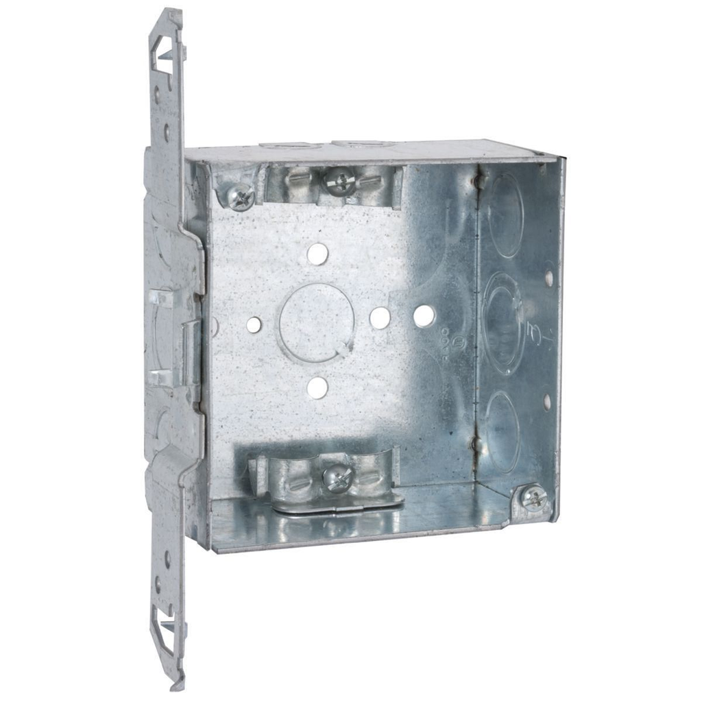 Product image for Raco 240 4" Square Box, Welded, 2-1/8" Deep with NMSC Clamps, Three 1/2" KO's and One TKO, TS Bracket, Flush