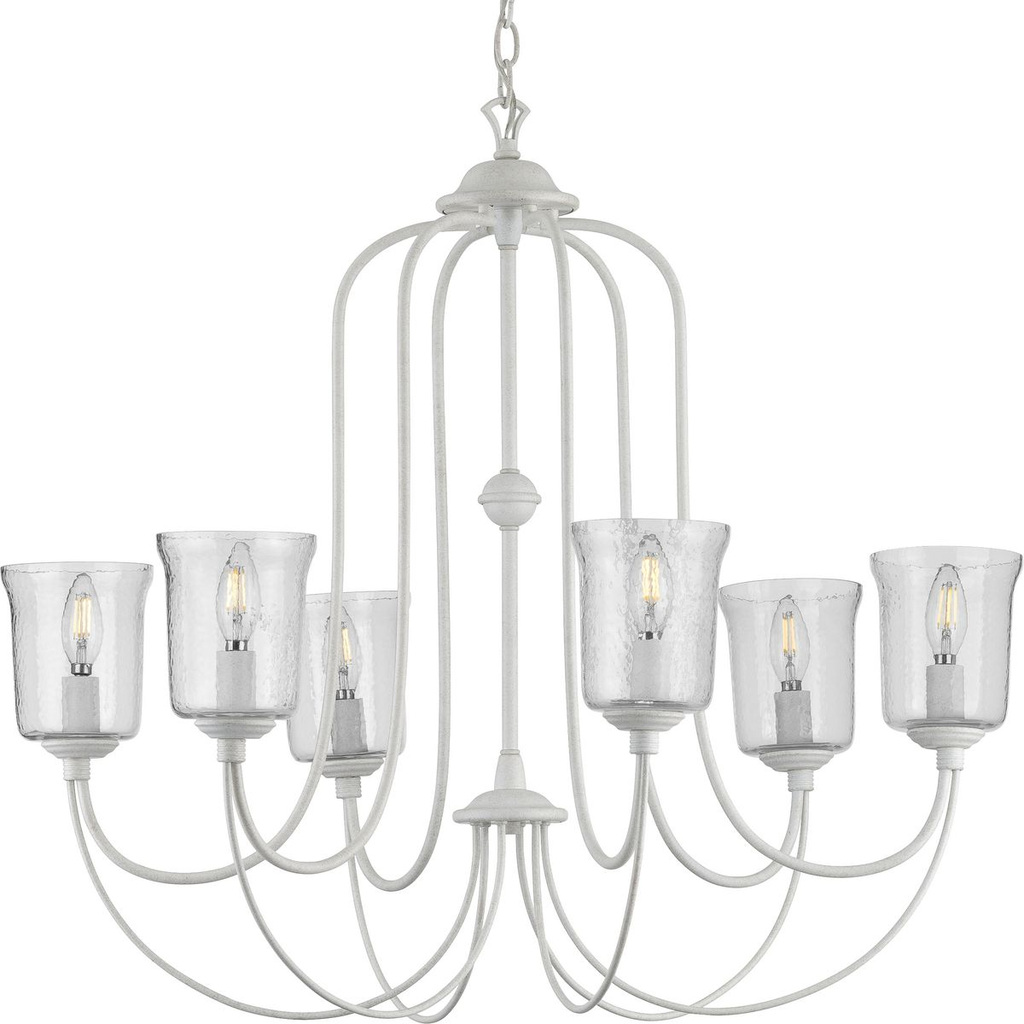Product image for Progress P400195-151 Bowman Collection Six-Light Cottage White Clear Chiseled Glass Coastal Chandelier Light