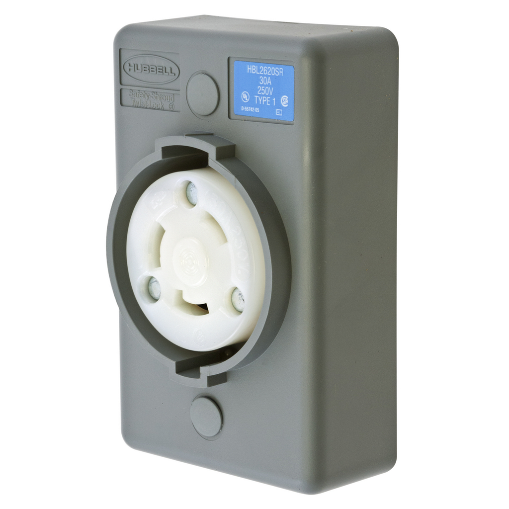 Product image for Hubbell HBL2620SR Locking S/SHRD Receptacle, L6-30R, SURF MT, GY