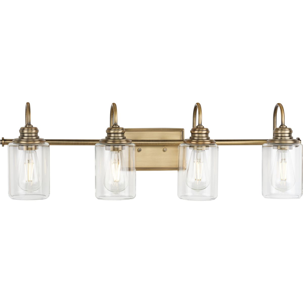 Product image for Progress P300323-163 Aiken Collection Four-Light Vintage Style Brass Clear Glass Farmhouse Style Bath Vanity Wall Light