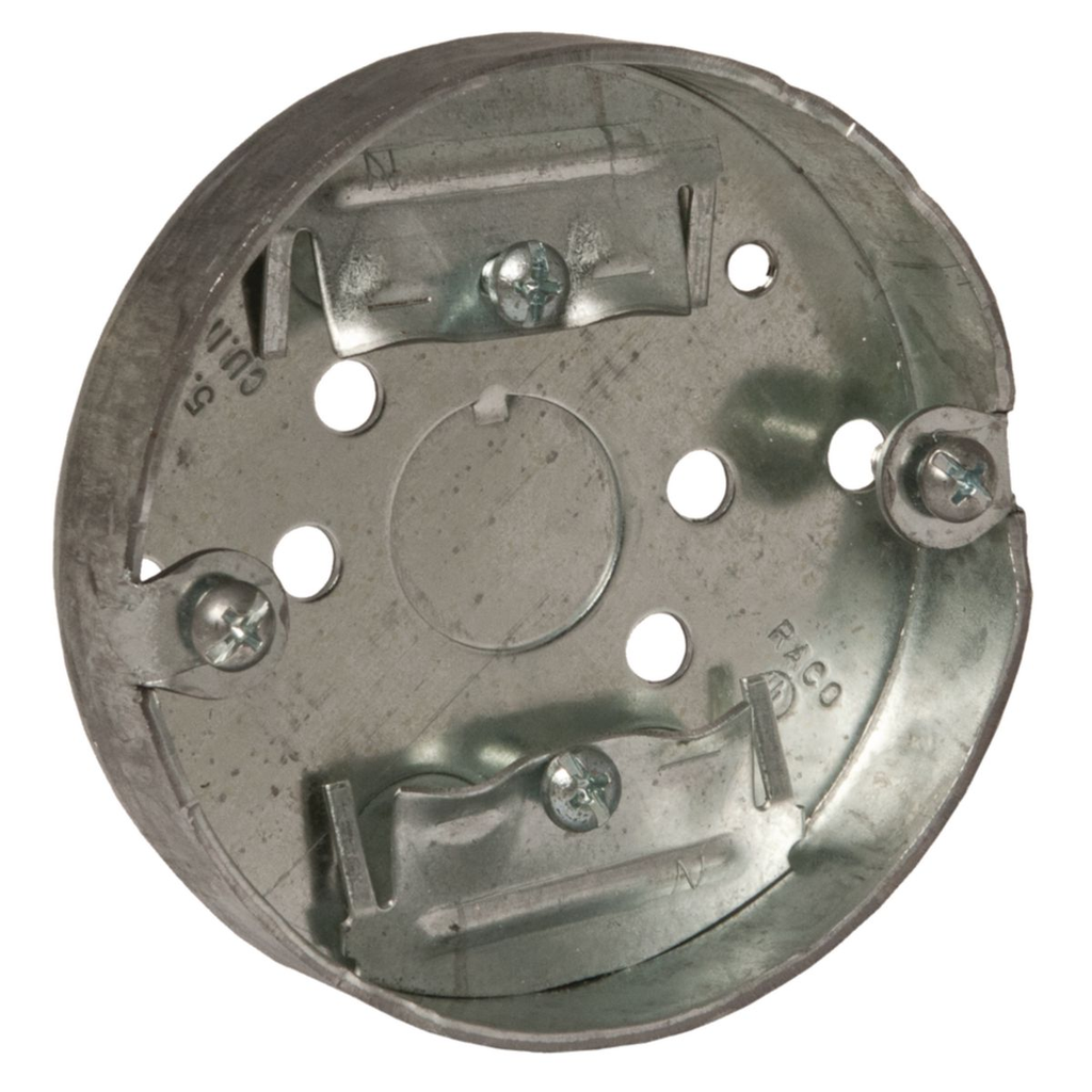 Product image for Raco 287 3-1/2" Round Ceiling Pan, 3/4" Deep, 1/2" Center Bottom Knockout, NMSC Clamps