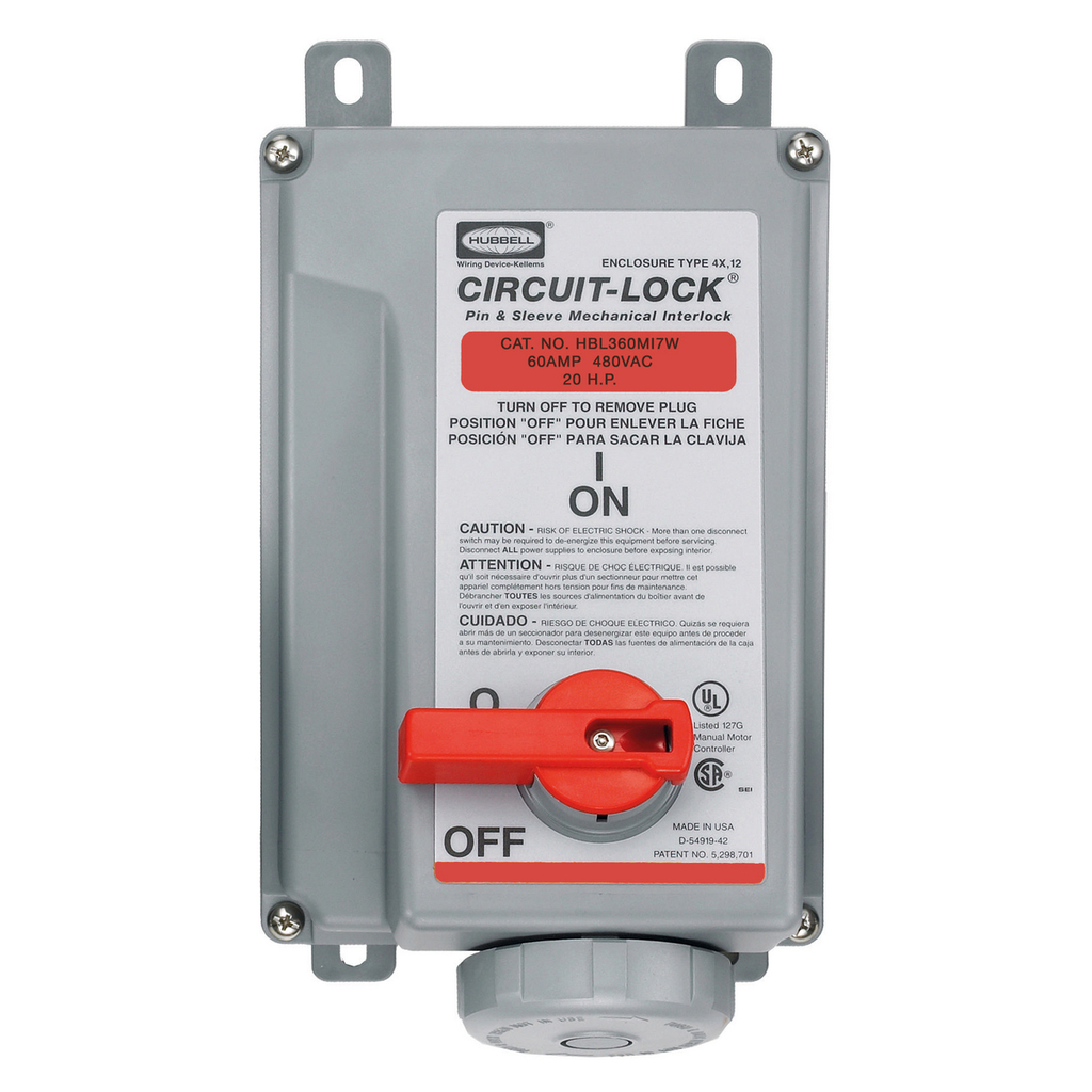 Product image for Hubbell HBL360MI7W Pin & Sleeve IEC Unfused Circuit-Lock® Mechanical Interlock, 60A 2P3W, 480V, IP67, NEMA 4X, 12