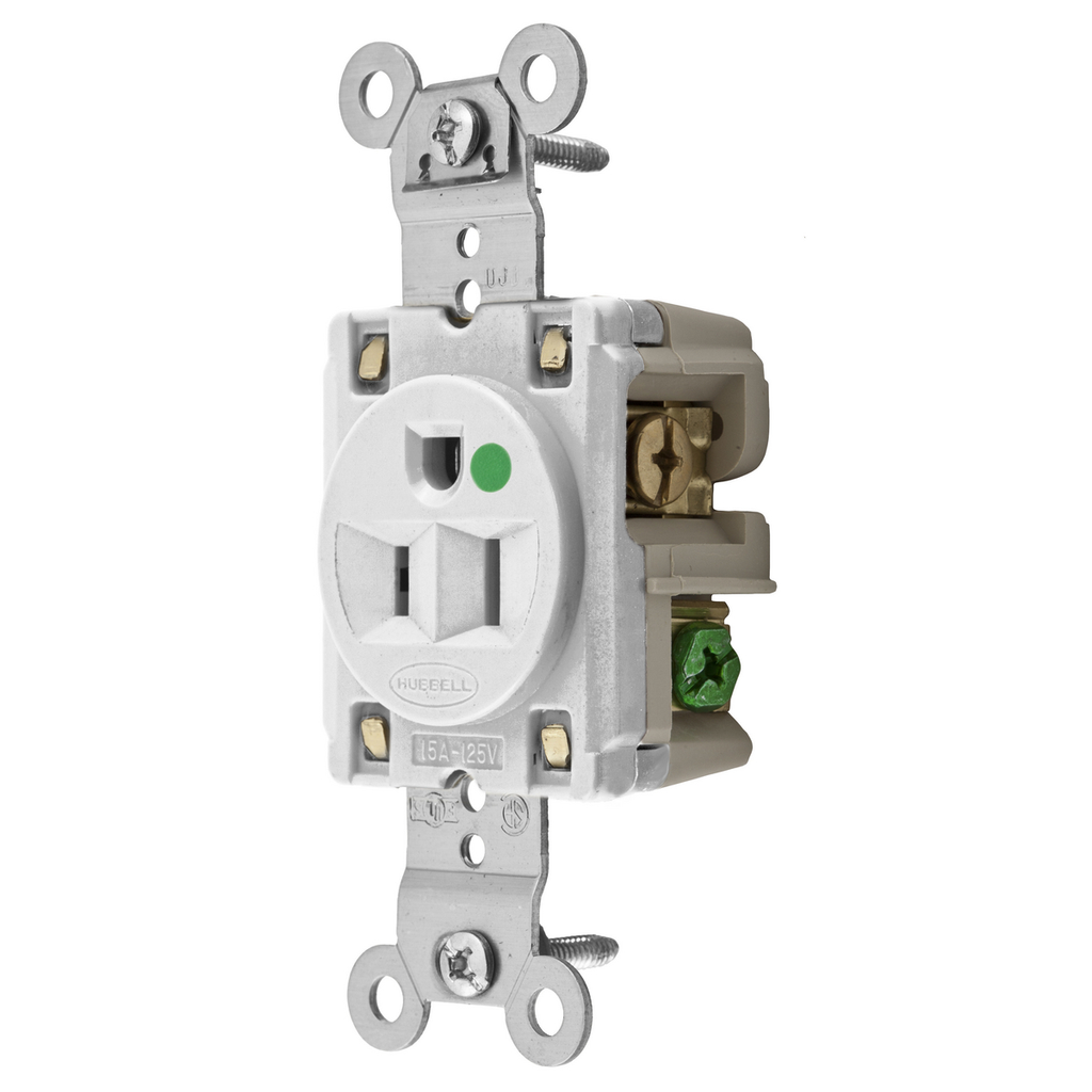 Product image for Hubbell HBL8210W SGL Receptacle, HG, 15A 125V, 5-15R, WH