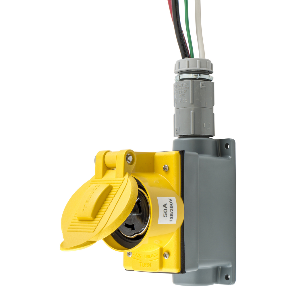 Product image for Hubbell SR50 WALL MT Receptacle, PREWIRED, 50A 125/250V