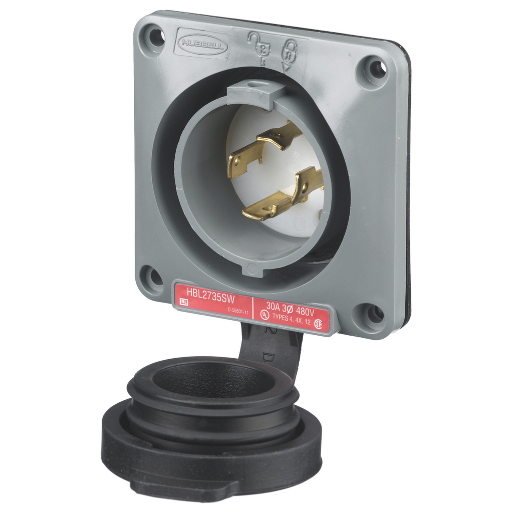 Product image for Hubbell HBL2735SW 30 Amp 480 Volt 3-Pole 4-Wire NEMA L5-30P Gray Watertight Locking Flanged Inlet