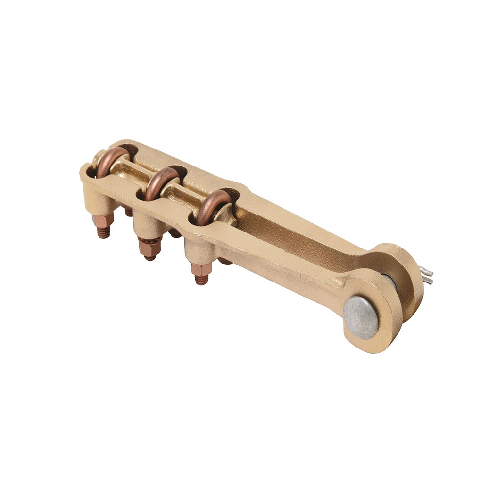 Product image for Burndy DUW31 High strength corrosion resistant copper alloy strain clamp with three DURIUM U-bolts and single serrated saddle; Galvanized steel clevis pin; For Copper Conductors; RoHS Compatible; Material: Copper; Finish: Bright Dipped; Conductor Range (Main/Primary): 4/0 Str - 350 KCMIL