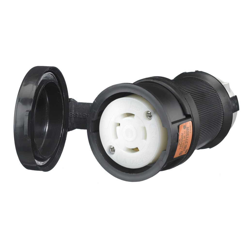 Product image for Hubbell HBL2713-SW 30A 125/250V AC Twist-Lock Watertight SAFETY-SHROUD Black VALOX Connector Body