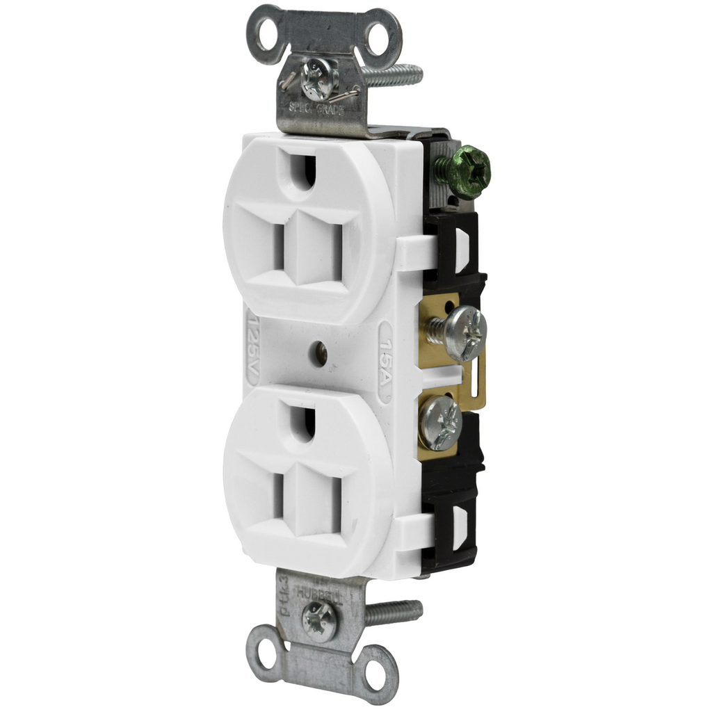 Product image for Hubbell CRF15WHI 15 Amp 125 Volt 2-Pole 3-Wire NEMA 5-15R White Straight Blade Duplex Receptacle