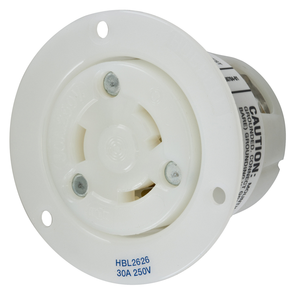 Product image for Hubbell HBL2626 30 Amp 250 Volt 2-Pole 3-Wire NEMA L6-30R White Locking Flanged Receptacle