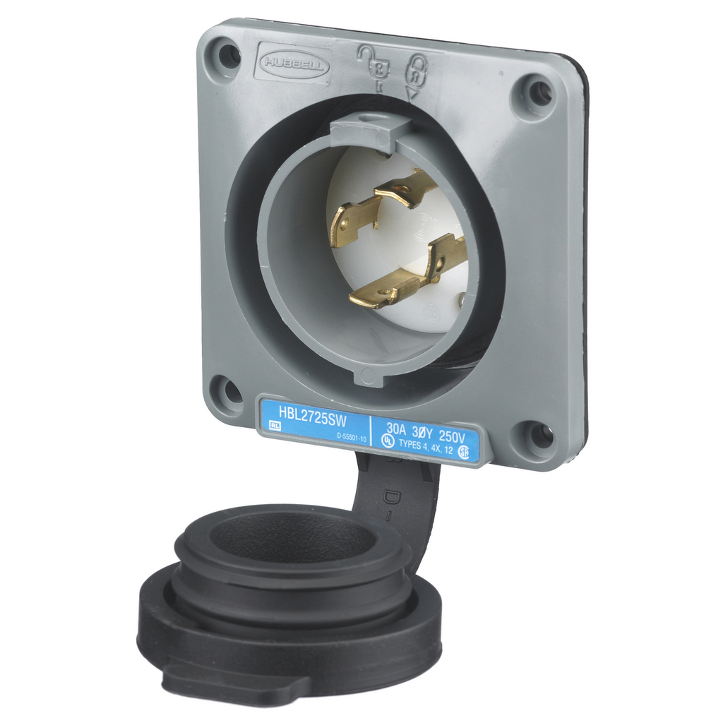 Product image for Hubbell HBL2725-SW 30A 3Ph 250V AC Twist-Lock Watertight SAFETY-SHROUD Gray VALOX Flanged Inlet