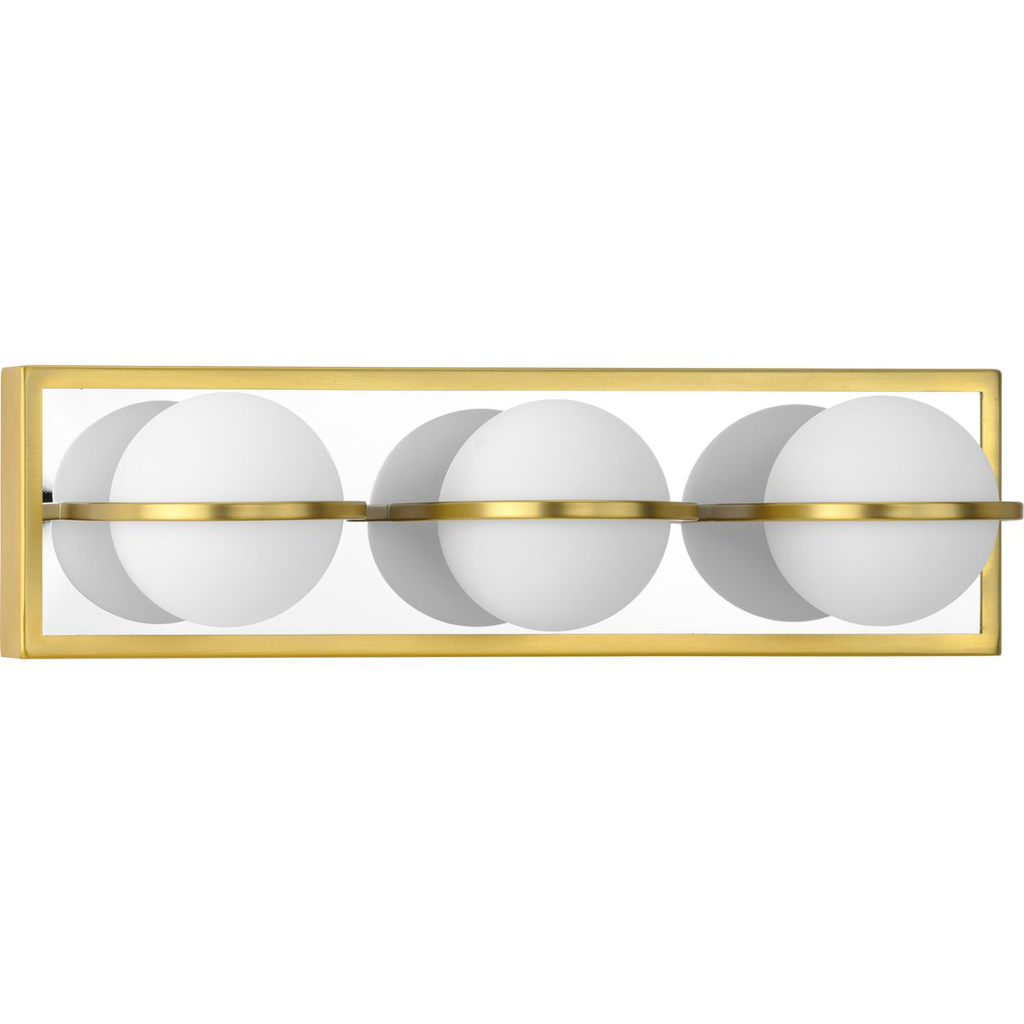 Product image for Progress P300312-012-30 Pearl LED Collection Three-Light Satin Brass and Opal Glass Modern Style Bath Vanity Wall Light