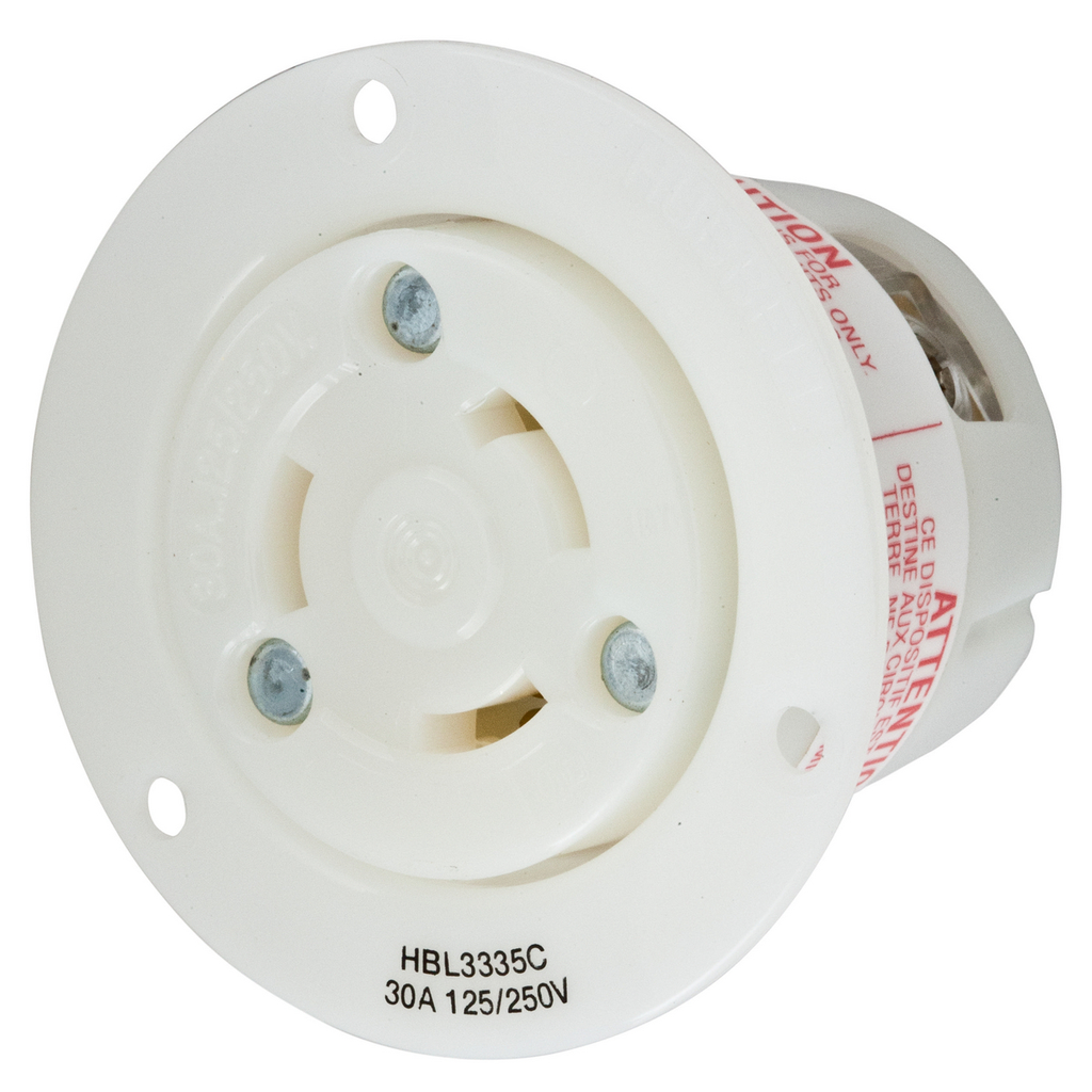 Product image for Hubbell HBL3335C 30 Amp 125/250 VAC 3-Pole 3-Wire Non-NEMA White Nylon Flanged Receptacle