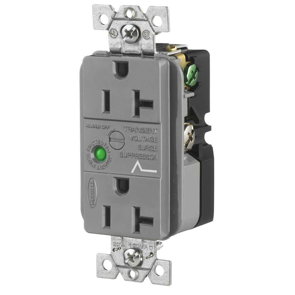 Product image for Hubbell HBL5362GYSA 20 Amp 125 Volt 2-Pole 3-Wire NEMA 5-20R Gray Duplex Surge Suppression Receptacle