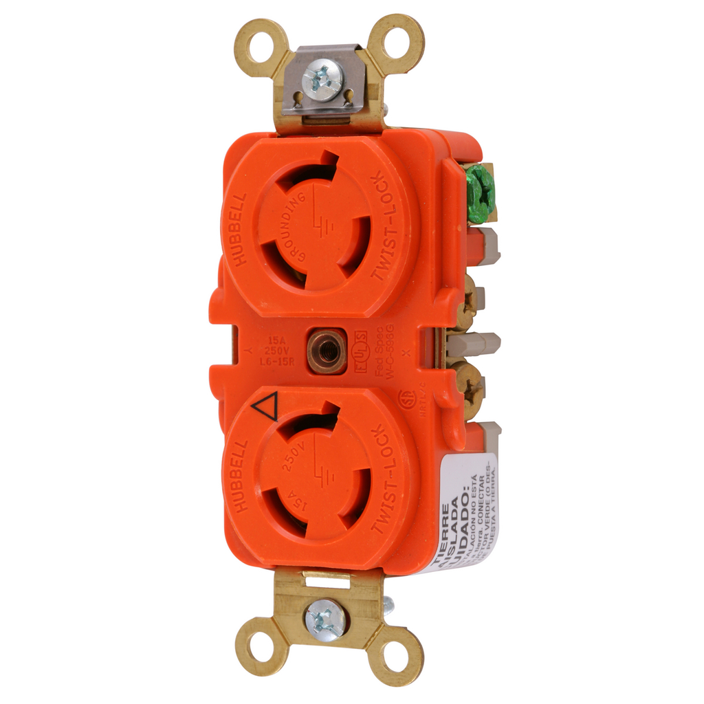 Product image for Hubbell IG4550A 15 Amp 250 VAC 2-Pole 3-Wire NEMA L6-15R Orange Isolated Ground Duplex Receptacle