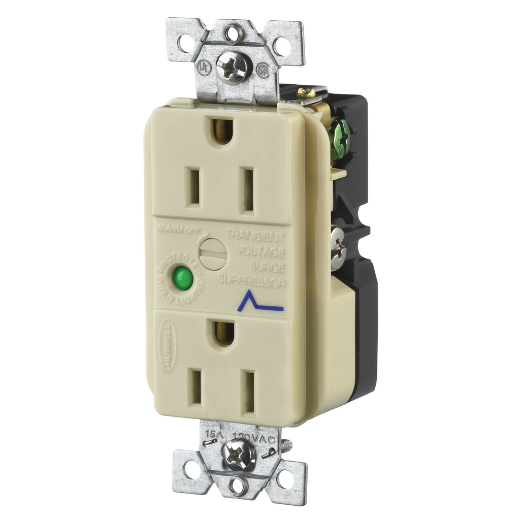 Product image for Hubbell HBL5260ISA 15 Amp 125 Volt 2-Pole 3-Wire NEMA 5-15R Ivory Duplex Surge Suppression Receptacle