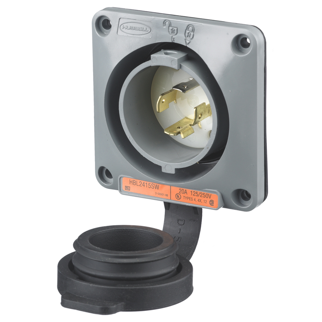 Product image for Hubbell HBL2415SW 20 Amp 125/250 Volt 3-Pole 4-Wire NEMA L21-20P Gray Watertight Locking Flanged Inlet