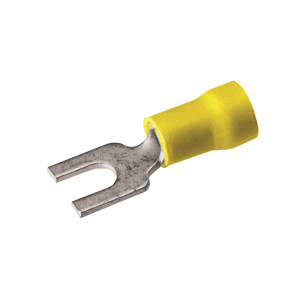 Product image for Burndy TP108F Insulated Brazed Fork Terminal, Insulated Brazed Fork Terminal, Smooth Entry, #12-#10, 600V, #6-#8 Stud, Vinyl Insulated, Tin Plated