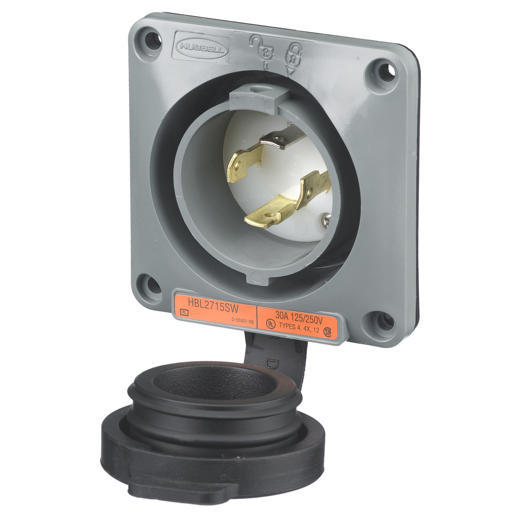 Product image for Hubbell HBL2715SW 30 Amp 125/250 Volt 3-Pole 4-Wire NEMA L14-30P Gray Watertight Locking Flanged Inlet