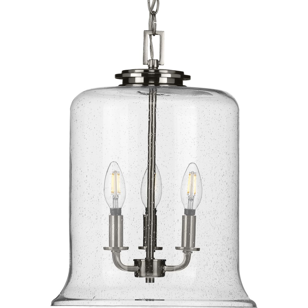 Product image for Progress P500239-009 Winslett Collection Three-Light Brushed Nickel Clear Seeded Glass Coastal Pendant Light