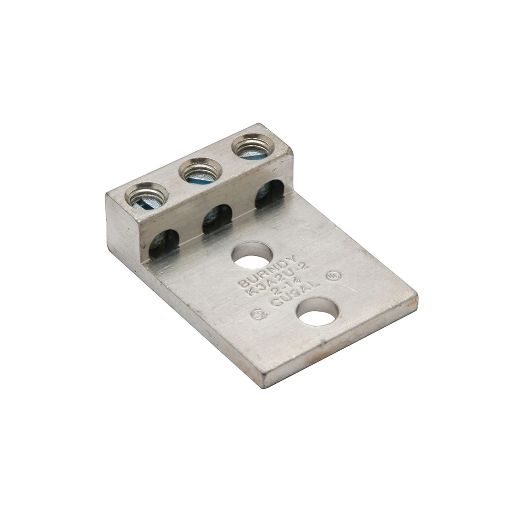 Product image for Burndy K3A2U2 Aluminum Universal Terminal, 3 Conductor, 2 Hole, 14-2 AWG (Str), 5/16" Stud, 88" Stud Hole Spacing, 3 Screws, Al/Cu Rated, Tin Plated