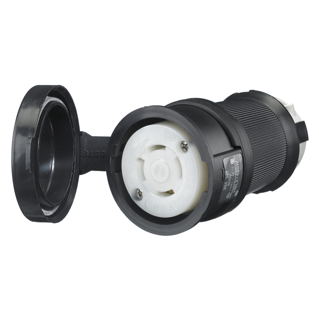 Product image for Hubbell HBL2743-SW 30A 3Ph 600V AC Twist-Lock Watertight SAFETY-SHROUD Black VALOX Connector Body