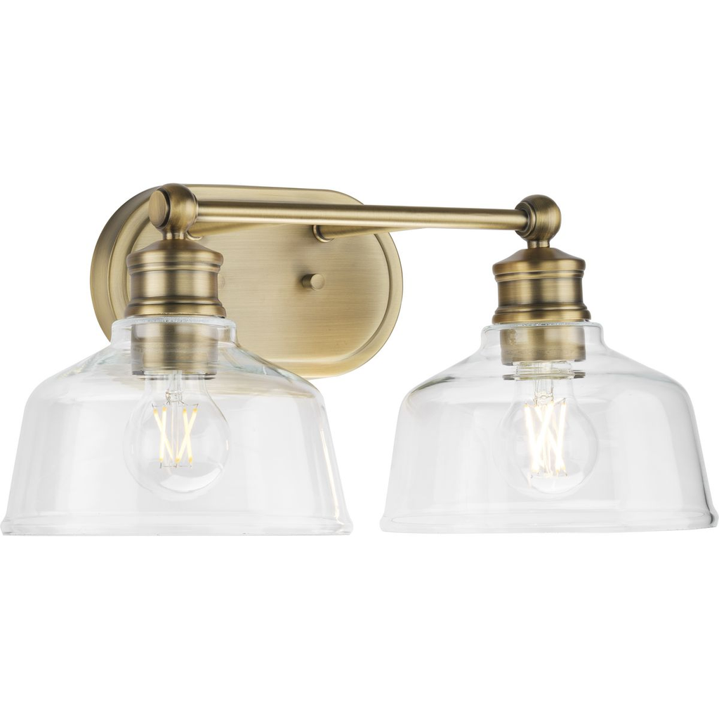 Product image for Progress P300396-163 Singleton Collection Two-Light 17" Vintage Brass Farmhouse Vanity Light with Clear Glass Shades