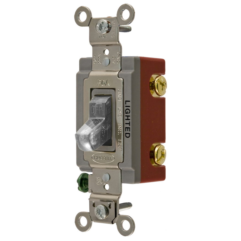 Product image for Hubbell HBL1221-ILC 20A 120/277V SP Clear Illuminated Toggle Switch. Extra Heavy Duty Industrial Series