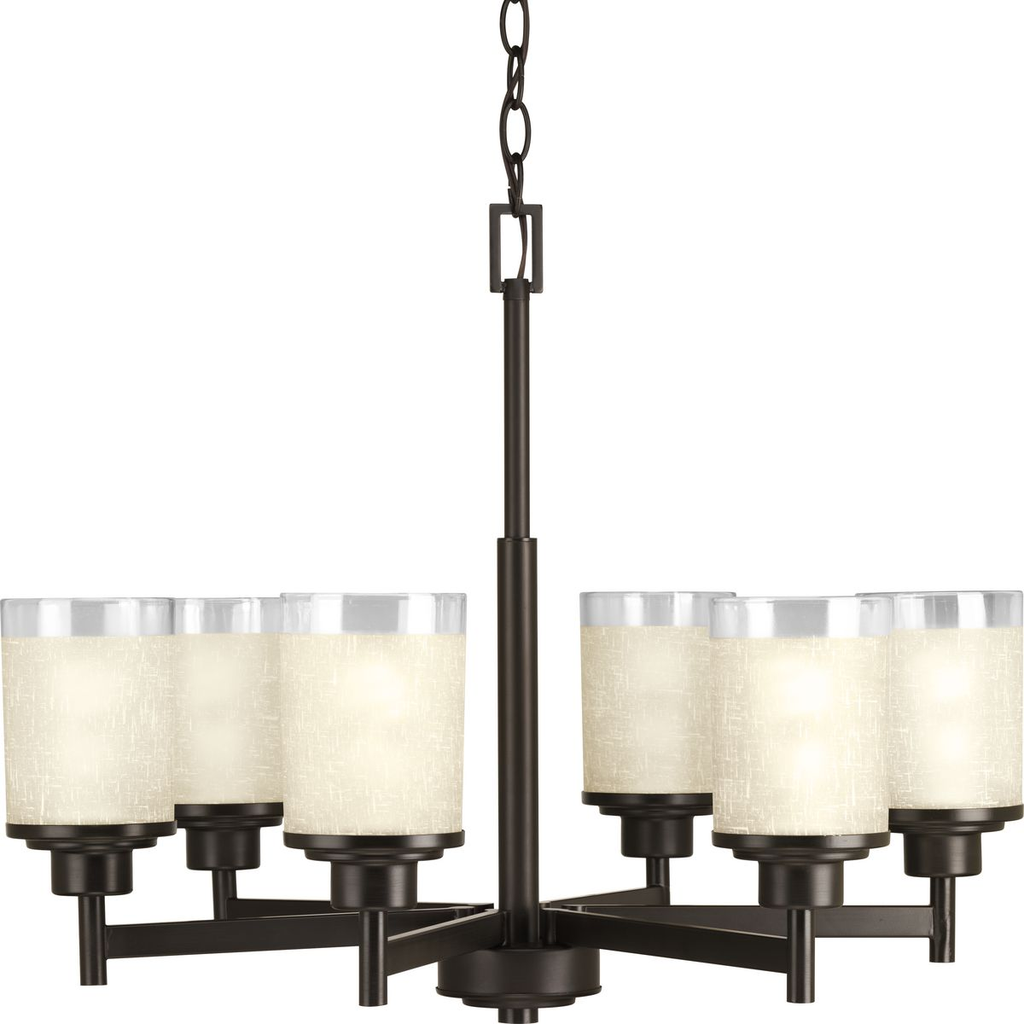 Product image for Progress P4758-20 Alexa Collection Six-Light Antique Bronze Etched Umber Linen With Clear Edge Glass Modern Chandelier Light