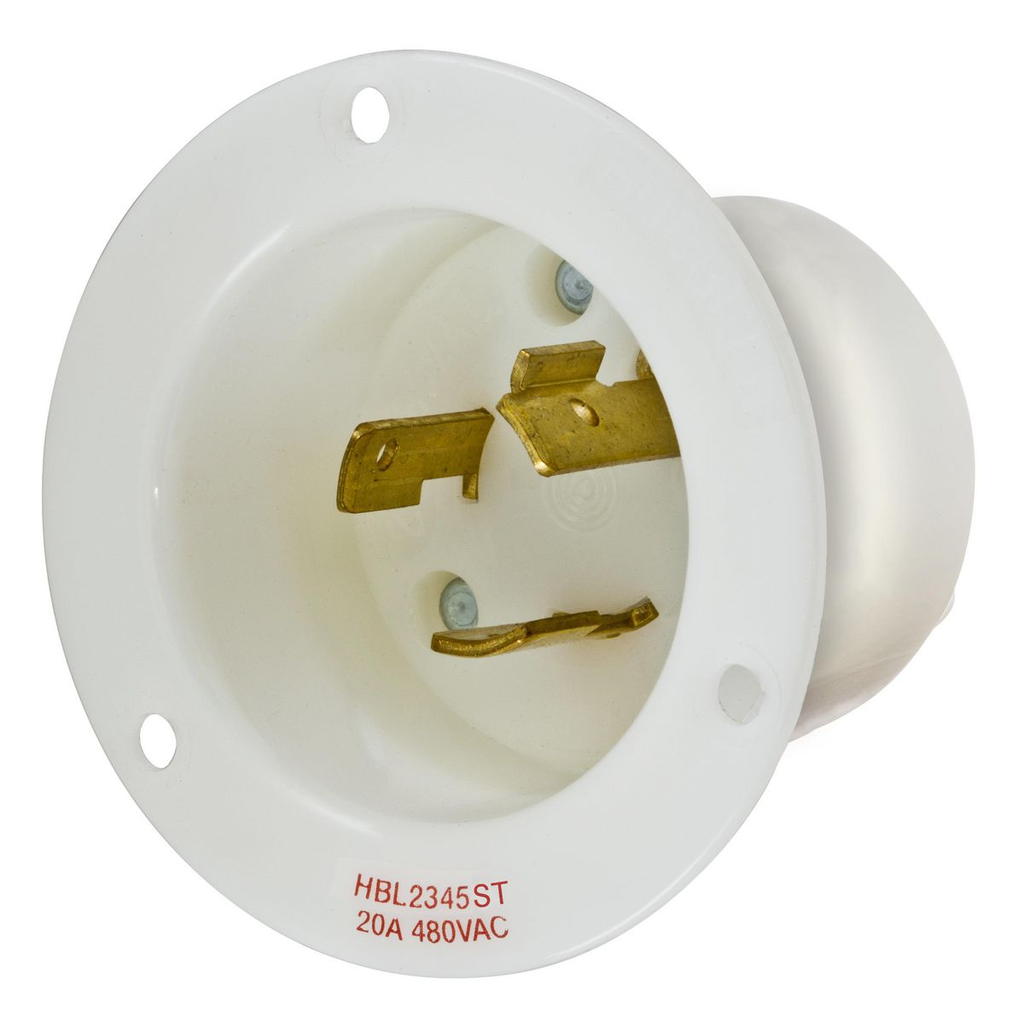 Product image for Hubbell HBL2345 20 Amp 480 Volt 2-Pole 3-Wire NEMA L8-20P White Locking Flanged Inlet