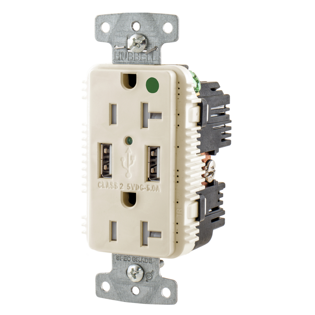 Product image for Hubbell USB8300A5LA Receptacle HG DUP 20A 125V 5A 5V USB PORT A LA