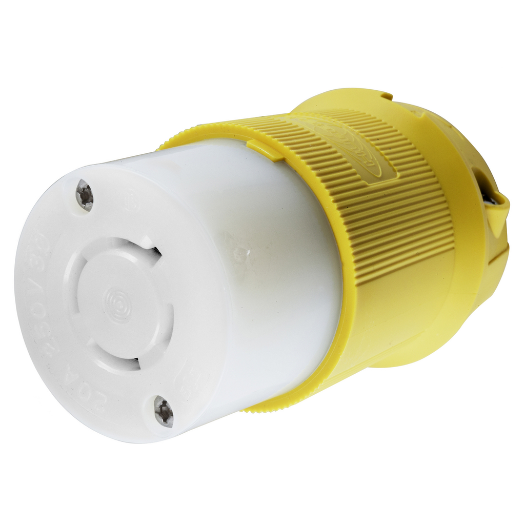 Product image for Hubbell HBL24CM23 20 Amp 250 Volt 3-Pole 4-Wire NEMA L15-20R Yellow Locking Connector Body